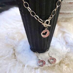 💗Pink Set Silver-Toggle Chain/Pink Rhinestone Heart Charm,matching Earrings